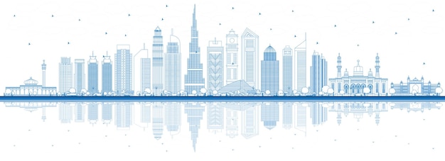 Outline Dubai UAE City Skyline with Blue Buildings and Reflections. Vector Illustration. Business Travel and Tourism Illustration with Modern Architecture. Dubai Cityscape with Landmarks.