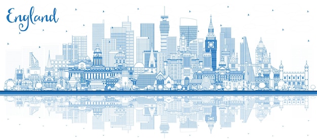 Outline England city skyline with blue buildings and reflections Concept with historic architecture England cityscape with landmarks Bristol Leeds Sheffield London