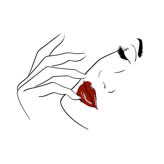 Outline face with red lips and closed eyes