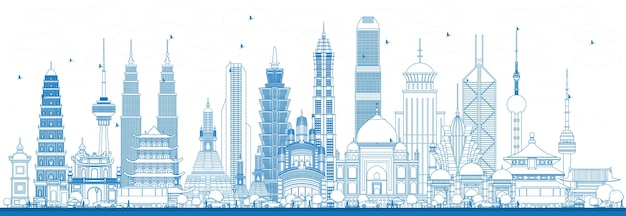 Outline Famous Landmarks in Asia. Vector Illustration. Business Travel and Tourism Concept. Image for Presentation, Banner, Placard and Web Site