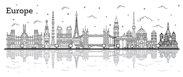 Outline Famous Landmarks in Europe with Reflections. Vector Illustration. Business Travel and Tourism Concept. Paris, London, Berlin, Moscow, Madrid.