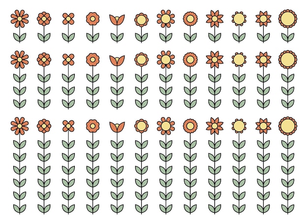 Outline flower with leaves vector set