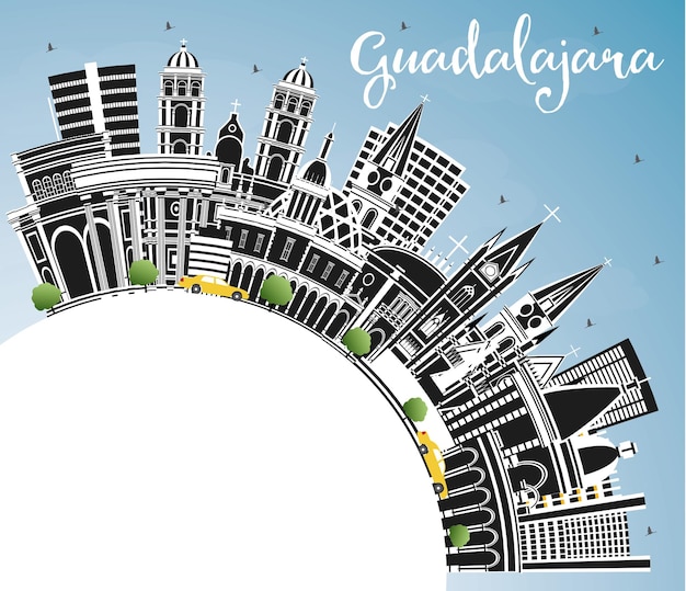 Outline Guadalajara Mexico City Skyline with Blue Buildings and Copy Space