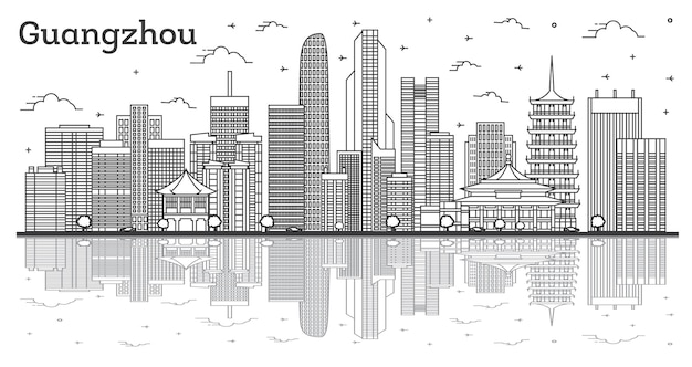 Outline Guangzhou China City Skyline with Modern Buildings and Reflections Isolated on White. Vector Illustration. Guangzhou Cityscape with Landmarks.