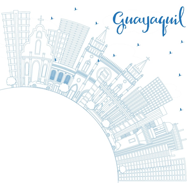 Outline Guayaquil Ecuador City Skyline with Blue Buildings and Copy Space. Vector Illustration. Business Travel and Tourism Concept with Historic Architecture. Guayaquil Cityscape with Landmarks.