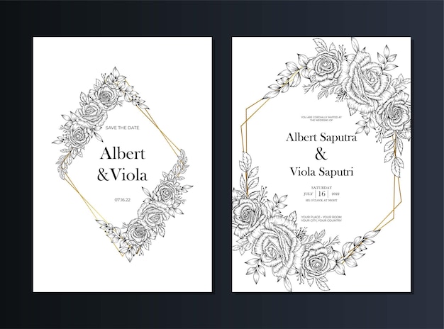 Outline hand drawn floral wedding invitation template