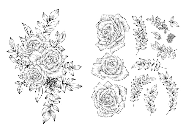 Outline hand drawn flower bouquet decoration