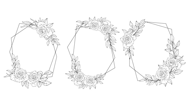 Outline hand drawn rose flower frame geometric decoration