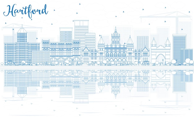 Outline Hartford Skyline with Blue Buildings and Reflections. Vector Illustration. Business Travel and Tourism Concept with Historic Architecture. Image for Presentation Banner Placard and Web Site.