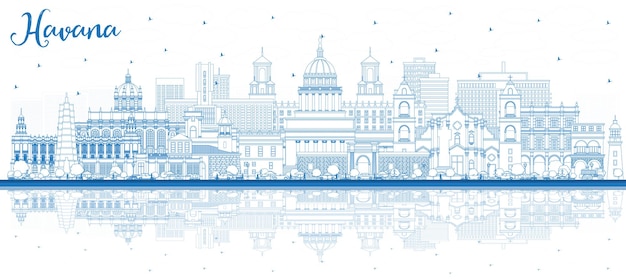 Outline Havana Cuba City Skyline with Blue Buildings and Reflections Vector Illustration Business Travel and Tourism Concept with Historic and Modern Architecture Havana Cityscape with Landmarks