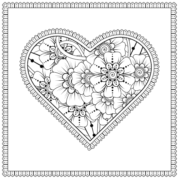 Outline heart shape floral frame in mehndi style.