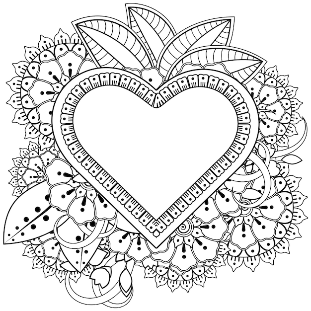 Outline heart shape floral frame in mehndi style