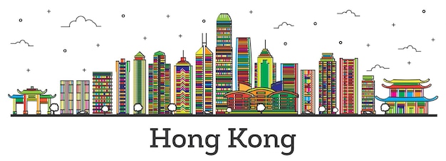 Outline Hong Kong China City Skyline with Color Buildings Isolated on White. Vector Illustration. Hong Kong Cityscape with Landmarks.