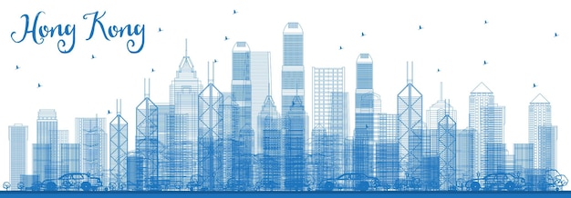 Outline Hong Kong China Skyline with Blue Buildings. Vector Illustration. Business Travel and Tourism Concept with Modern Architecture. Hong Kong Cityscape with Landmarks.