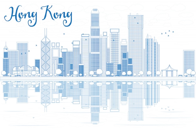 Outline Hong Kong skyline with blue buildings.