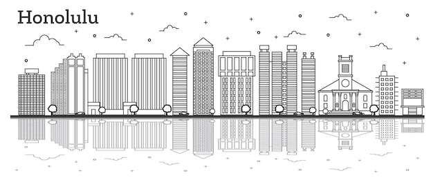 Outline Honolulu Hawaii City Skyline with Modern Buildings and Reflections Isolated on White. Vector Illustration. Honolulu Cityscape with Landmarks.