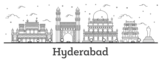 Outline Hyderabad India City Skyline with Historical Buildings Isolated on White. Vector Illustration. Hyderabad Cityscape with Landmarks.