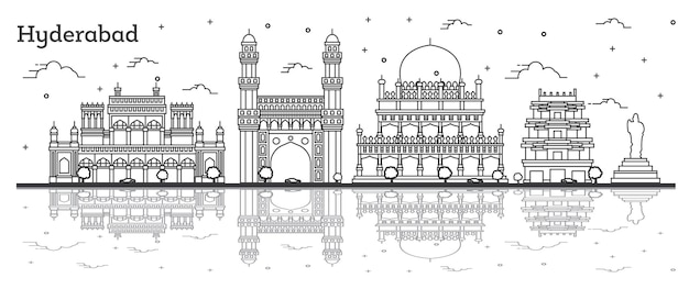 Outline Hyderabad India City Skyline with Historical Buildings and Reflections Isolated on White. Vector Illustration. Hyderabad Cityscape with Landmarks.