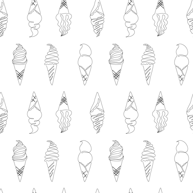 Outline of ice cream in a continuous line style on a white background Seamless pattern Summer doodle illustration for menus invitations flyers fabric print