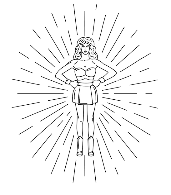 Outline illusration of beautiful srong woman in sun rays