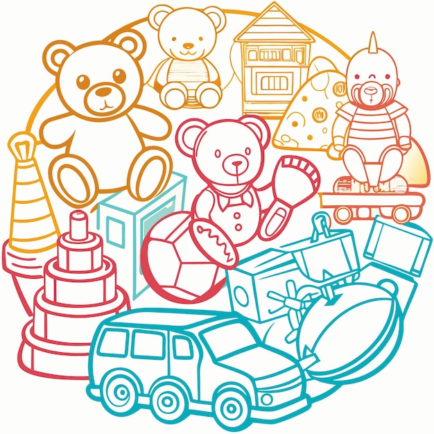 Vector outline illustration of various toys for children