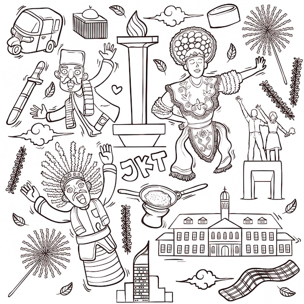 Outline isolated doodles illustration of jakarta indonesia