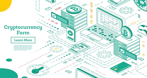 Outline Isometric Cryptocurrency Farm. Mining Servers. Vector Illustration. Blockchain Platform Creation of Digital Currency.