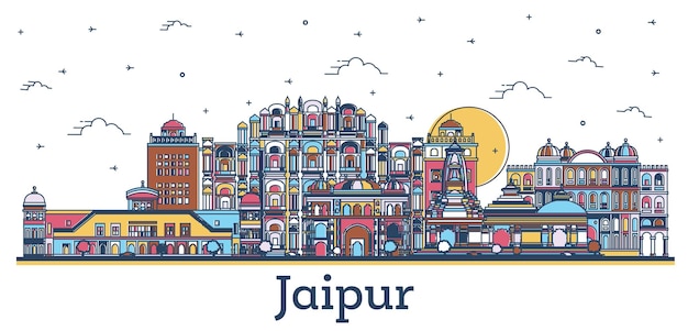 Outline Jaipur India City Skyline with Colored Historic Buildings Isolated on White