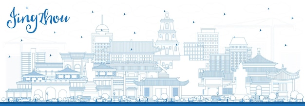 Outline Jingzhou China City Skyline with Blue Buildings