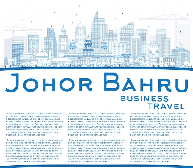 Outline Johor Bahru Malaysia Skyline with Blue Buildings and Copy Space. Business Travel and Tourism Vector Illustration with Modern Architecture.