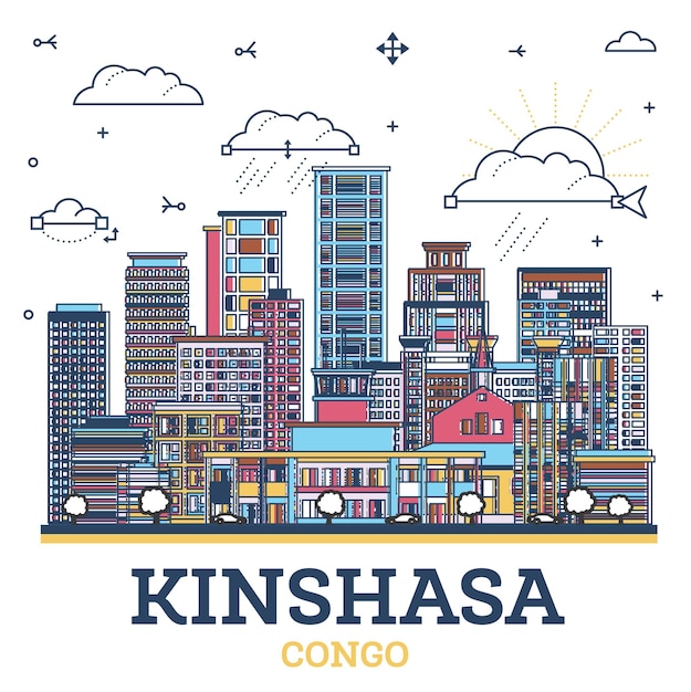 Outline Kinshasa Congo City Skyline with Modern Colored Buildings Isolated on White Kinshasa Africa Cityscape with Landmarks