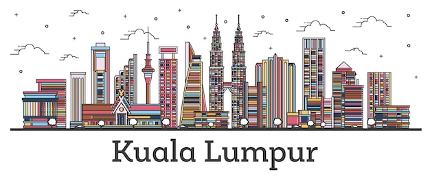 Outline Kuala Lumpur Malaysia City Skyline with Color Buildings Isolated on White. Vector Illustration. Kuala Lumpur Cityscape with Landmarks.