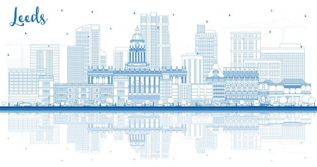 Outline Leeds UK City Skyline with Blue Buildings and reflections Vector Illustration Leeds Yorkshire Cityscape with Landmarks Business Travel and Tourism Concept with Historic Architecture