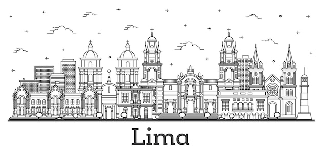 Outline Lima Peru City Skyline with Modern and Historic Buildings and Reflections Isolated on White