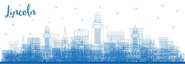 Outline Lincoln Nebraska City Skyline with Blue Buildings