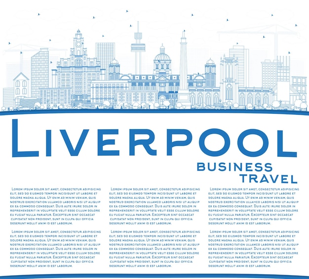 Outline Liverpool Skyline with Blue Buildings and Copy Space. Vector Illustration. Business Travel and Tourism Concept with Historic Architecture. Liverpool Cityscape with Landmarks.