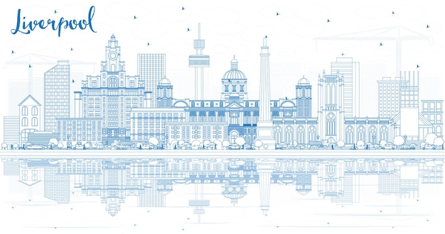 Outline Liverpool Skyline with Blue Buildings and Reflections. Vector Illustration. Business Travel and Tourism Concept with Historic Architecture. Liverpool Cityscape with Landmarks.