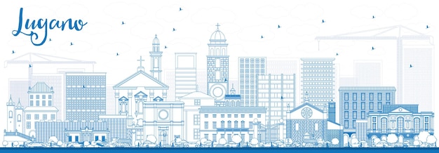 Outline Lugano Switzerland Skyline with Blue Buildings. Vector Illustration. Business Travel and Tourism Illustration with Historic Architecture.