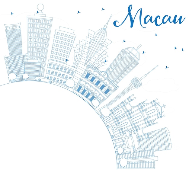 Outline Macau Skyline with Blue Buildings and Copy Space. Vector Illustration. Business Travel and Tourism Concept with Modern Architecture. Image for Presentation Banner Placard and Web Site.