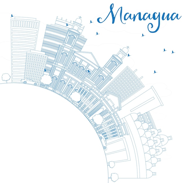 Outline Managua Skyline with Blue Buildings and Copy Space. Vector Illustration. Business Travel and Tourism Concept with Modern Architecture. Image for Presentation Banner Placard and Web Site.