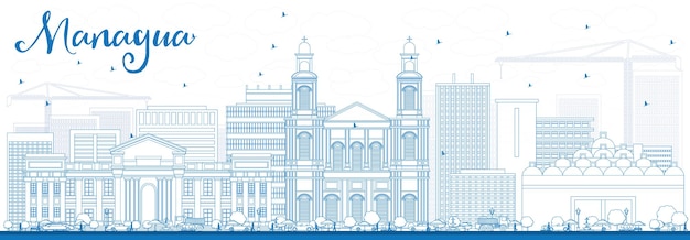 Outline Managua Skyline with Blue Buildings. Vector Illustration. Business Travel and Tourism Concept with Modern Architecture. Image for Presentation Banner Placard and Web Site.