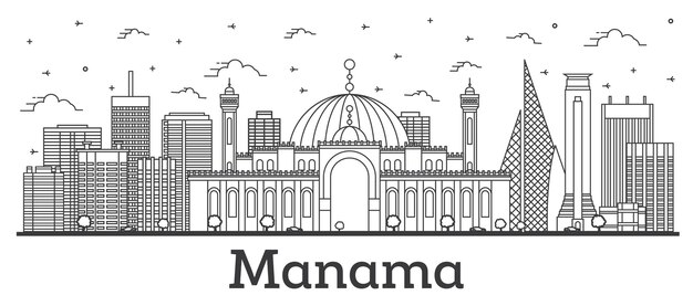 Outline Manama Bahrain City Skyline with Modern Buildings Isolated on White. Vector Illustration.