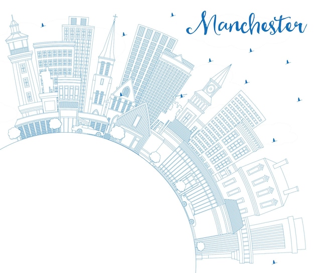 Outline Manchester New Hampshire City Skyline with Blue Buildings and Copy Space