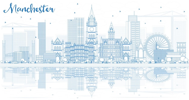 Outline Manchester Skyline with Blue Buildings and Reflections. Vector Illustration. Business Travel and Tourism Concept with Modern Architecture.