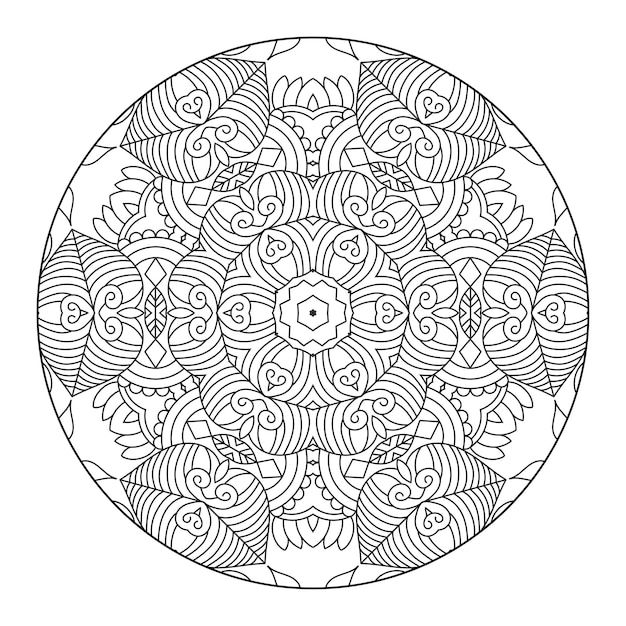 Outline mandala for coloring book, anti-stress therapy pattern, decorative round ornament.