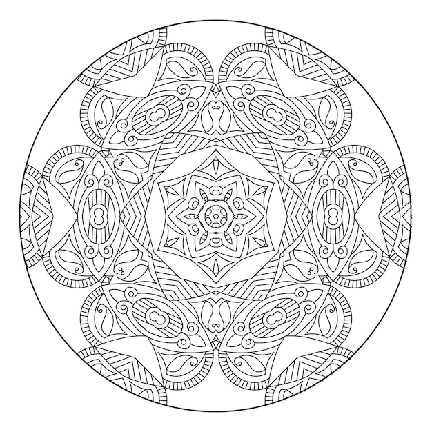 Outline mandala for coloring book, anti-stress therapy pattern, decorative round ornament.