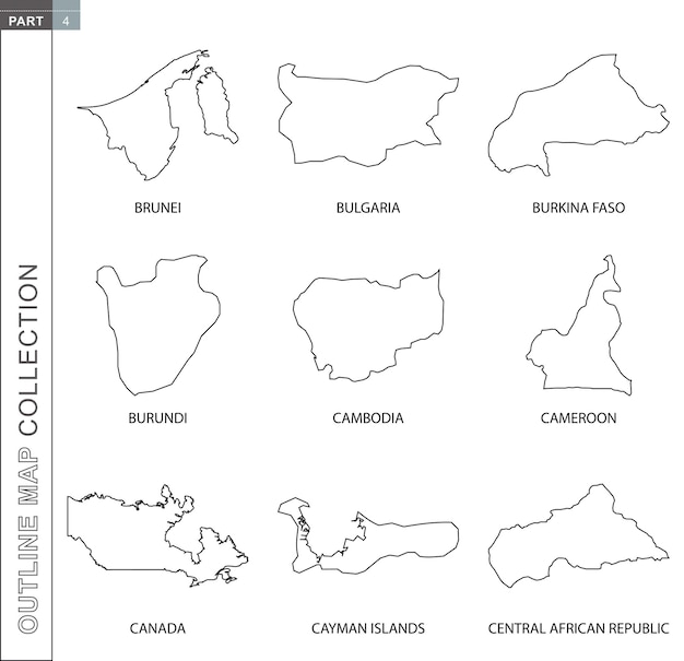 Outline maps collection nine black lined vector map