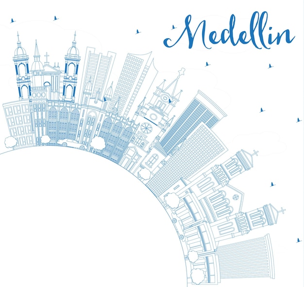 Outline Medellin Colombia City Skyline with Blue Buildings and Copy Space. Vector Illustration. Business Travel and Tourism Concept with Historic Architecture. Medellin Cityscape with Landmarks.