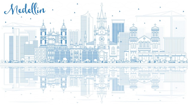 Outline Medellin Skyline with Blue Buildings and Reflections. Vector Illustration. Business Travel and Tourism Concept with Historic Architecture.