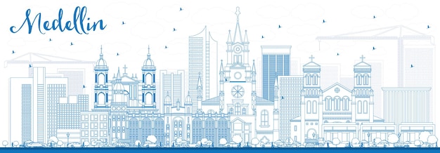 Outline Medellin Skyline with Blue Buildings. Vector Illustration. Business Travel and Tourism Concept with Historic Architecture. Image for Presentation Banner Placard and Web Site.